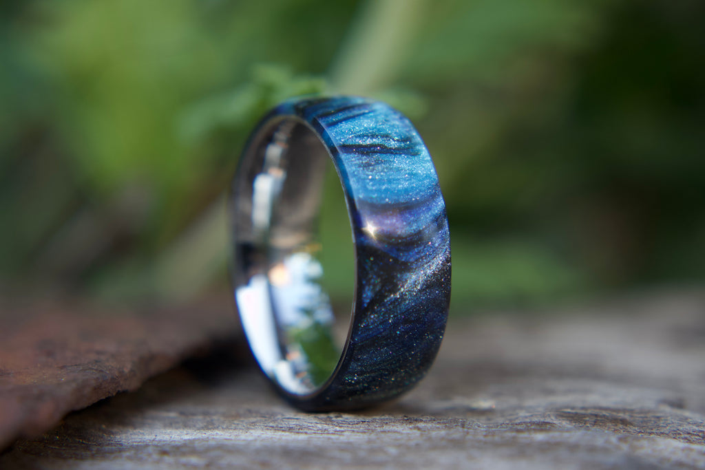 Smokey water black and blue diamond infused ring on Stainless Steel 