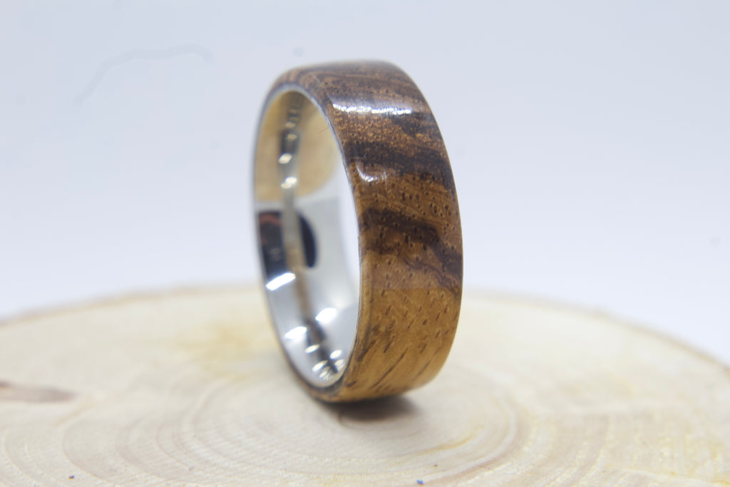 Zebrano stainless steel ring with real zebrano wood outer