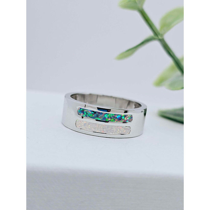 Silver Mens Double Inlay Ring
