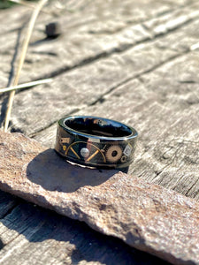 Black Ceramic ring inlayed with tiny watch parts